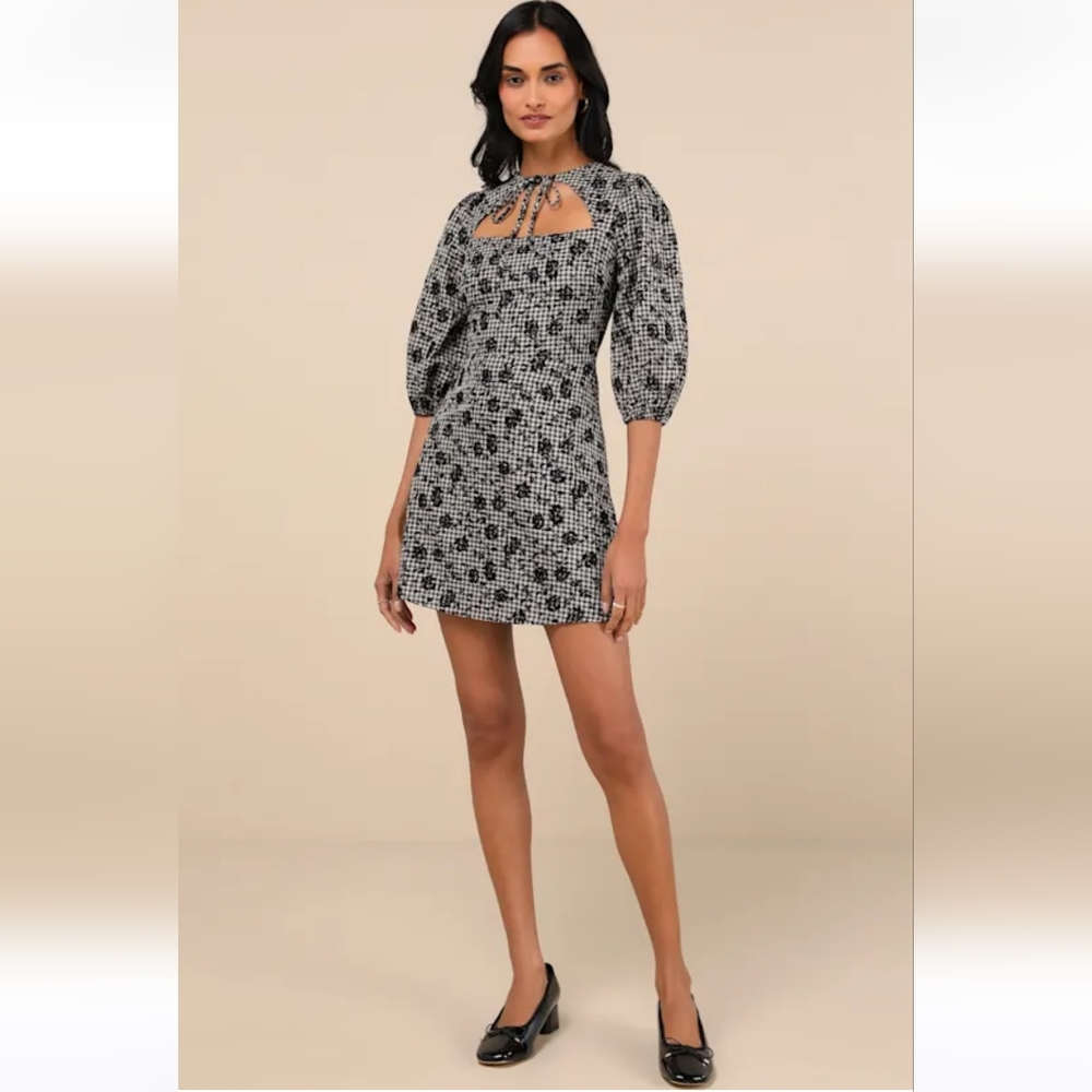 Lulus: Persistent Poise Black Gingham Jacquard Tie-Neck Mini Dress